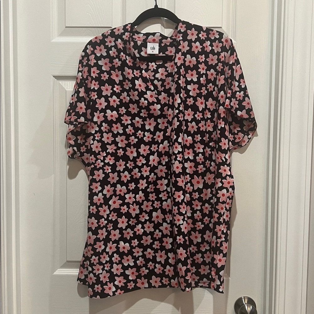 CAbi Black and Pink Floral Top